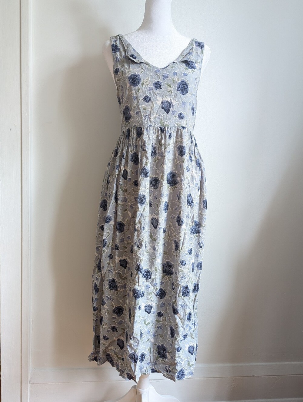 Vintage Cinnamon Girl Blue Floral Empire Waist Cottagecore Midi Dress M